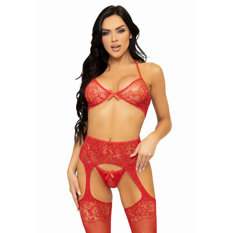 Ensemble dentelle brillant trois pièces noir/rouge