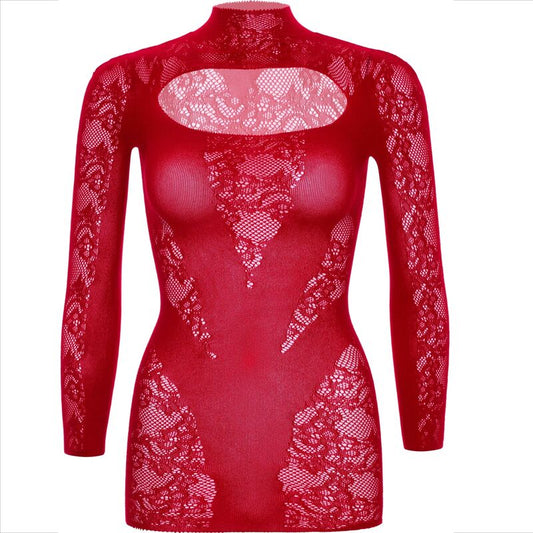 Mini robe en dentelle manches longues rouge