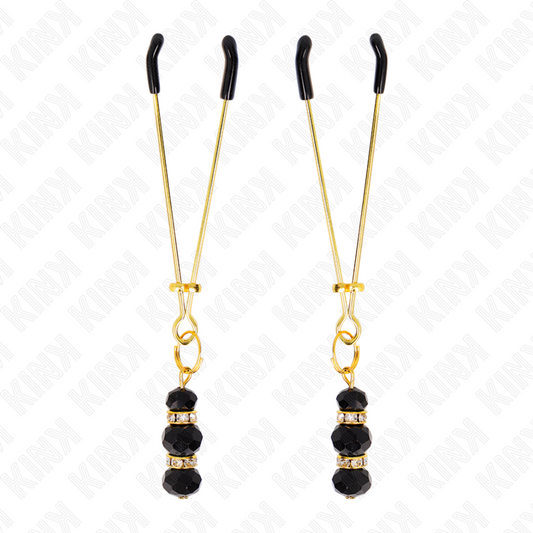 KINK - PINCES À TETON FINES OR AVEC 3 BILLES DE VERRE NOIR 7 CM